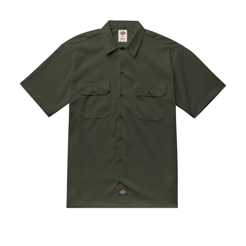 Mens olive green short-sleeve work shirt with button front and two chest pockets
