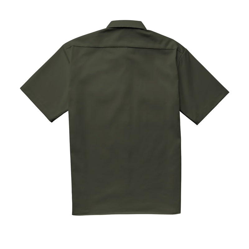Olive green short-sleeve work shirt back view with collar and button placket