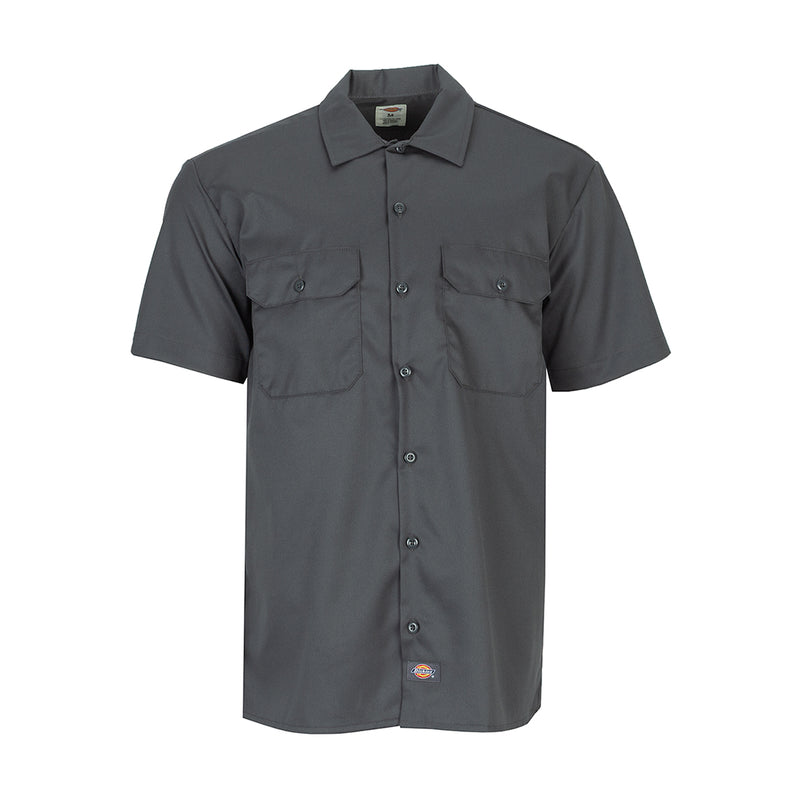 Men's charcoal short-sleeve twill work shirt with button front, spread collar, flap chest pockets