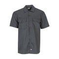 Men's charcoal short-sleeve twill work shirt with button front, spread collar, flap chest pockets