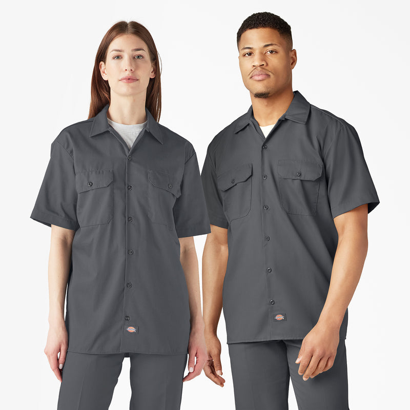 Short-sleeve charcoal work shirt with button front and chest flap pockets