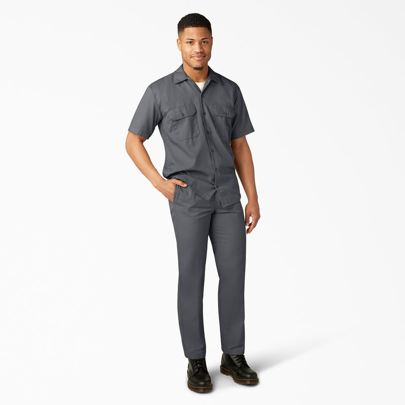 Charcoal short-sleeve work shirt with two chest pockets and button front