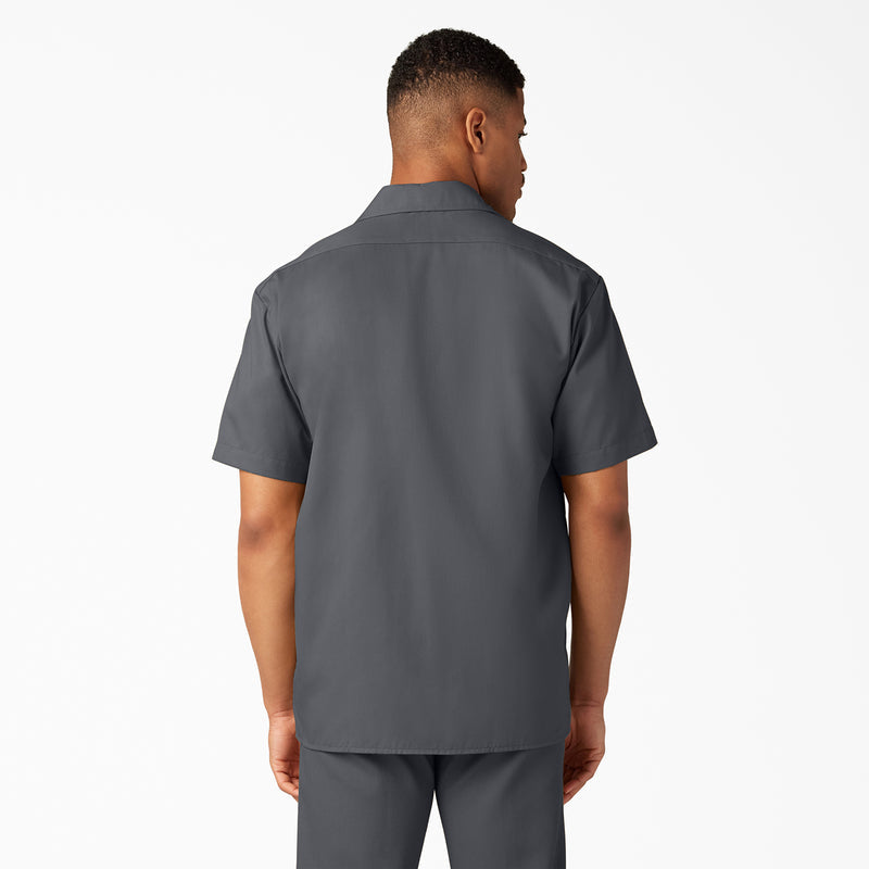 Charcoal short-sleeve work shirt with plain back and button-front closure