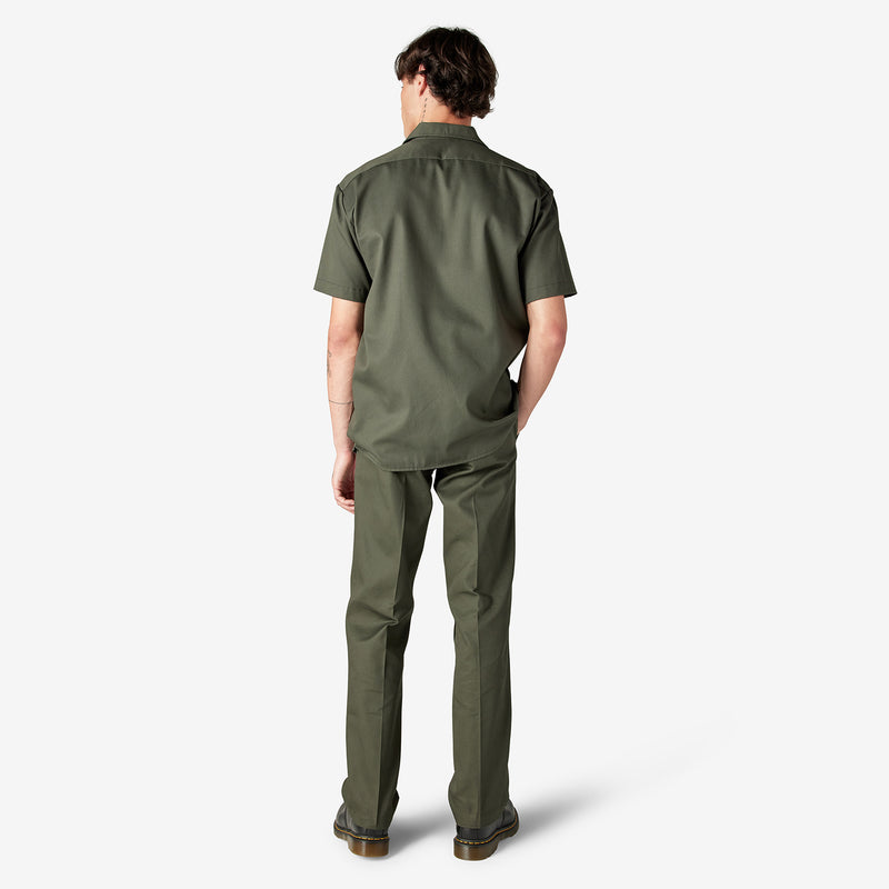 Mens olive green work shirt worn, rear view with short sleeves and straight hem