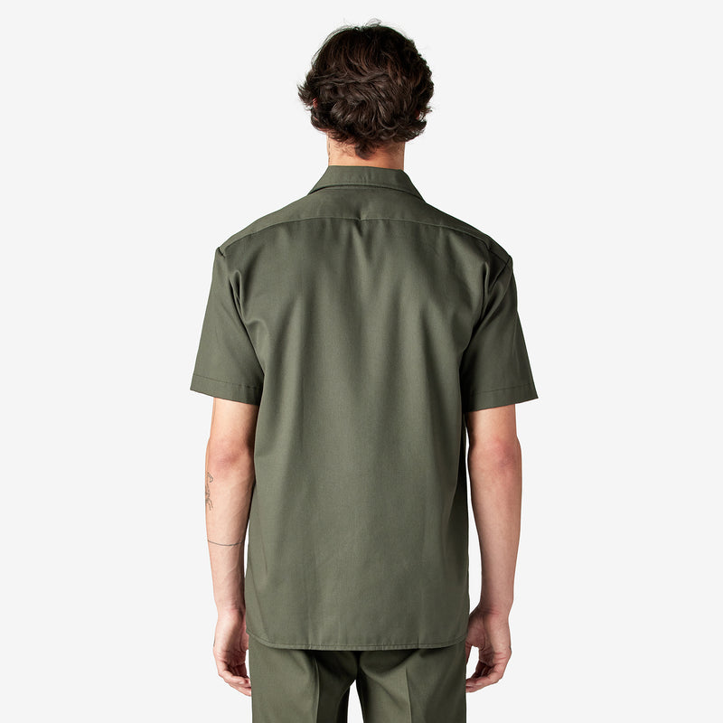 Mens olive green work shirt back view, plain design with short sleeves