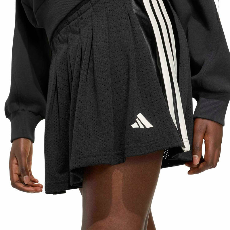 Black pleated athletic skirt with elastic waistband, contrast stripe side, Adidas logo