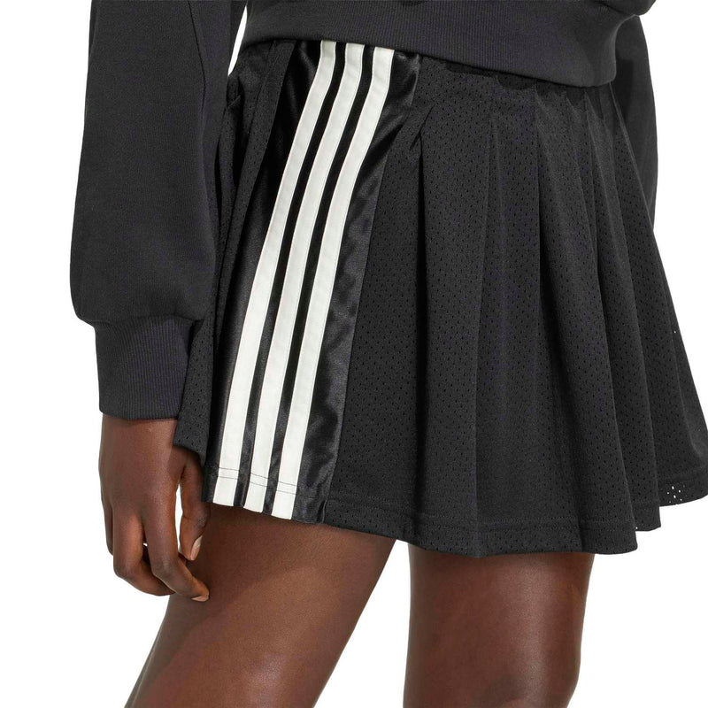 Black perforated pleated skirt with elastic waistband, contrast side stripes, Adidas logo