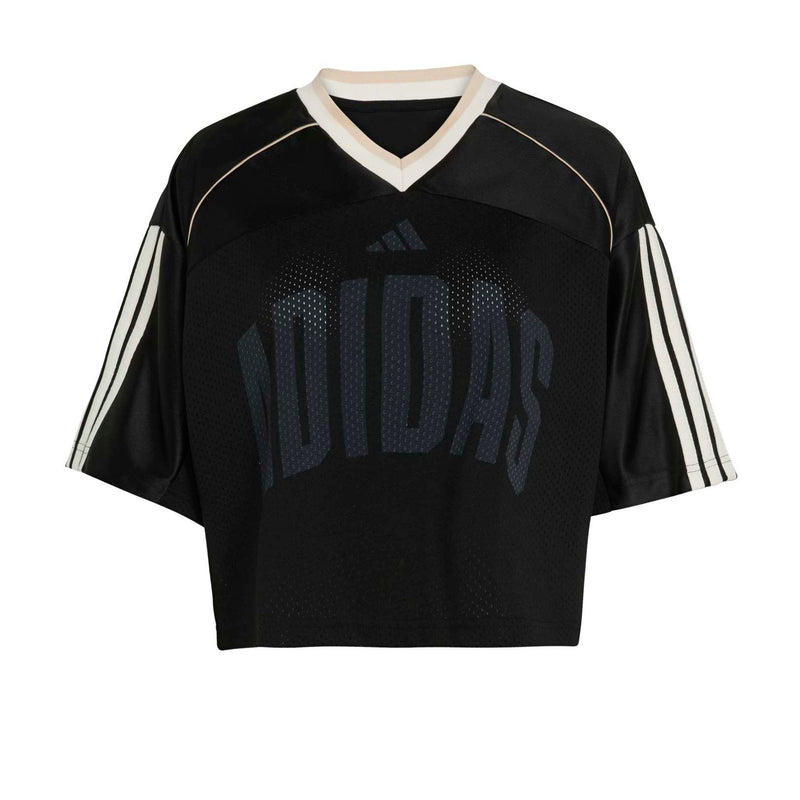 Women's black mesh stadium tee with white V-neck and adidas wordmark