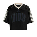 Women's black mesh stadium tee with white V-neck and adidas wordmark