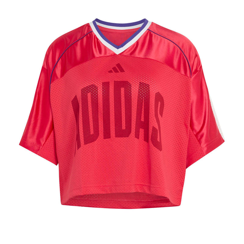Women's power pink mesh tee with V-neck trim and dark logo graphic