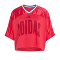 Women's power pink mesh tee with V-neck trim and dark logo graphic