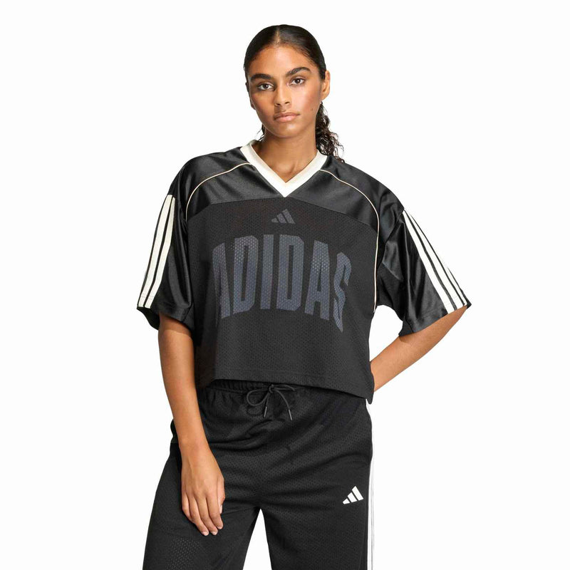 Women's black mesh stadium tee with white sleeve stripes, Adidas logo and wordmark