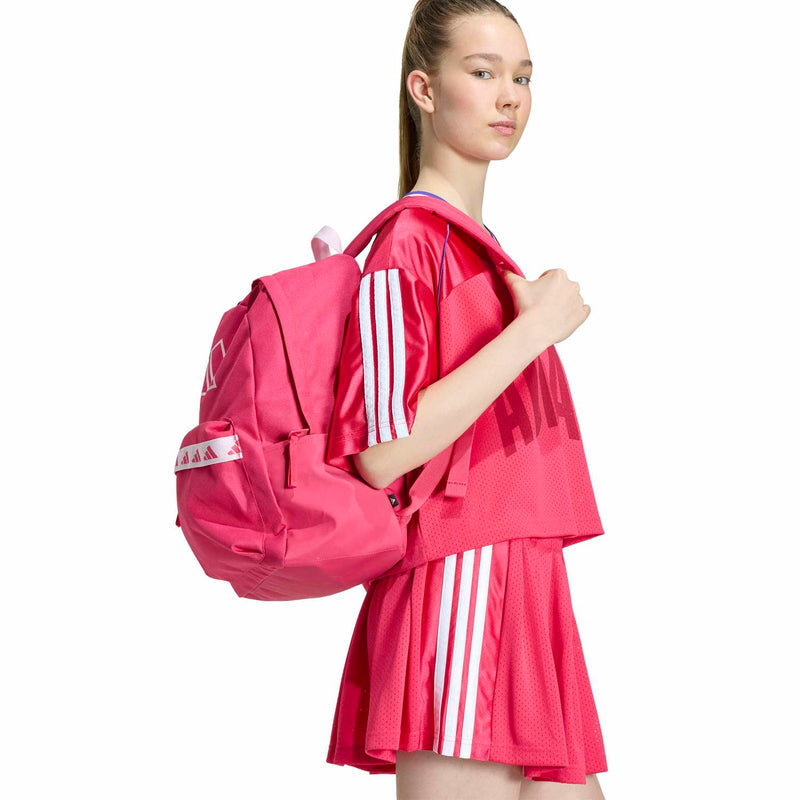 Women's power pink mesh tee with Adidas-style stripes and V-neck collar
