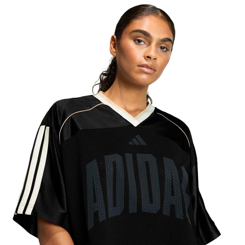 Women's black mesh stadium tee with white V-neck trim and Adidas chest logo
