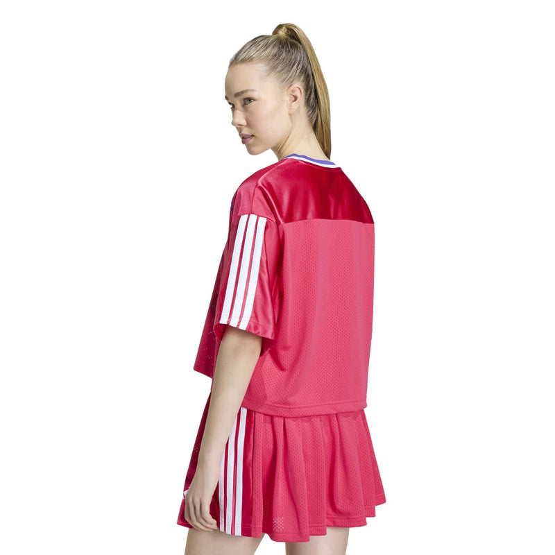 Women's power pink mesh tee, back view with white side stripe detailing