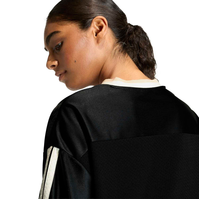 Women's black mesh stadium tee, white neck trim and side sleeve stripes