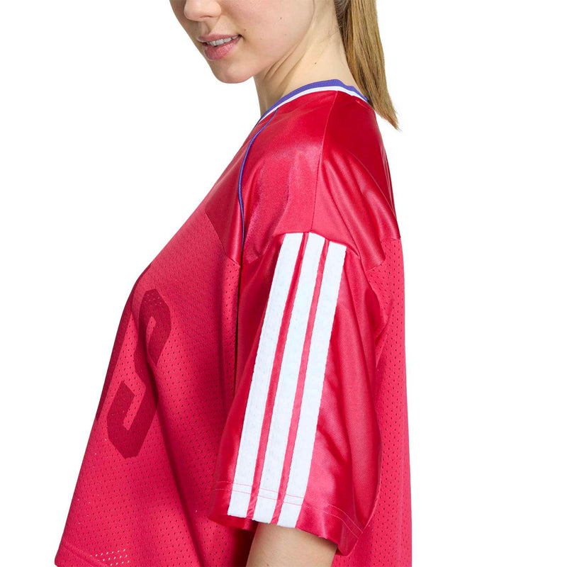 Women's power pink mesh tee sleeve with white triple stripe