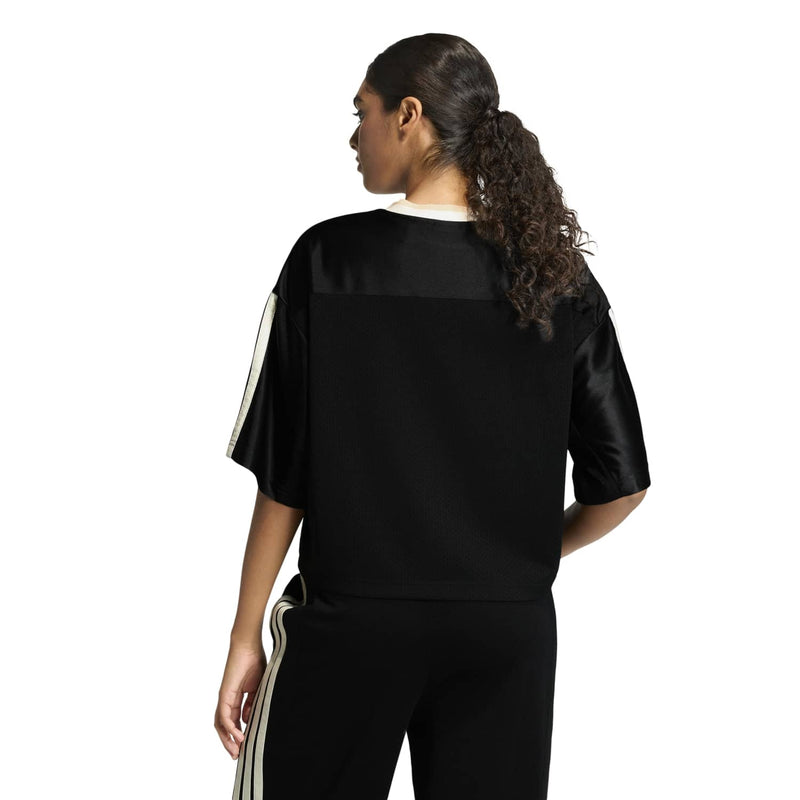 Women's black mesh stadium tee with white sleeve stripes and V-back neckline