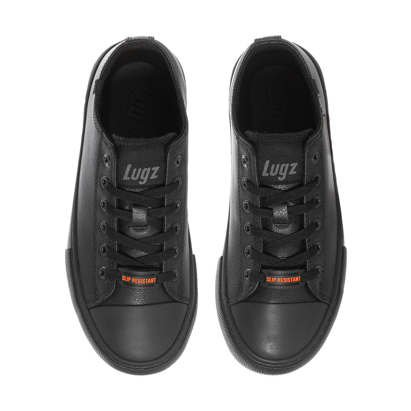 Women's black low-top sneakers front view with Lugz branding and laces