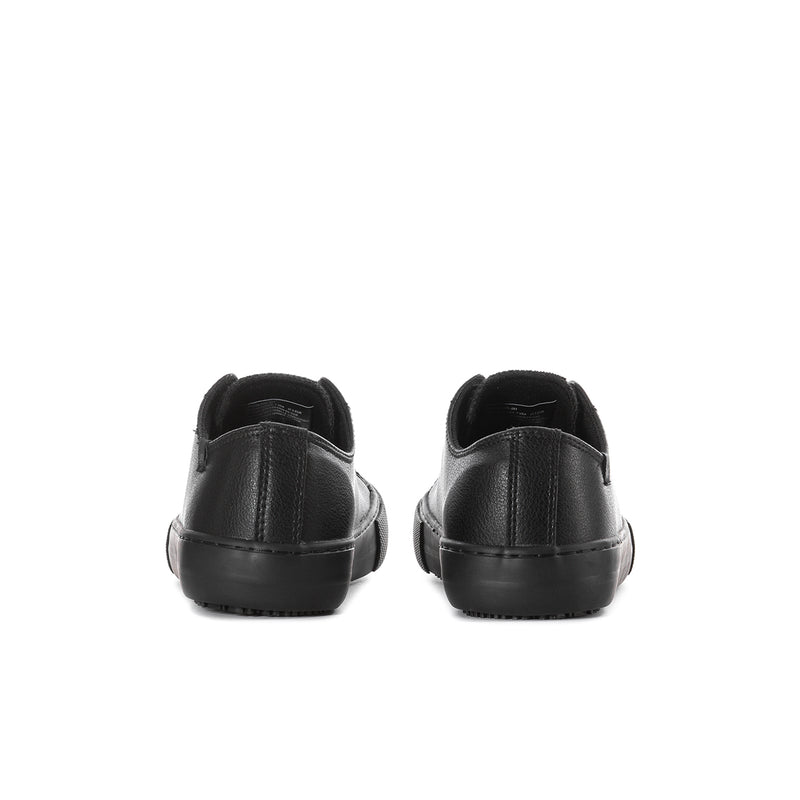 Women's black low-top sneakers back view with heel panel and lace detail