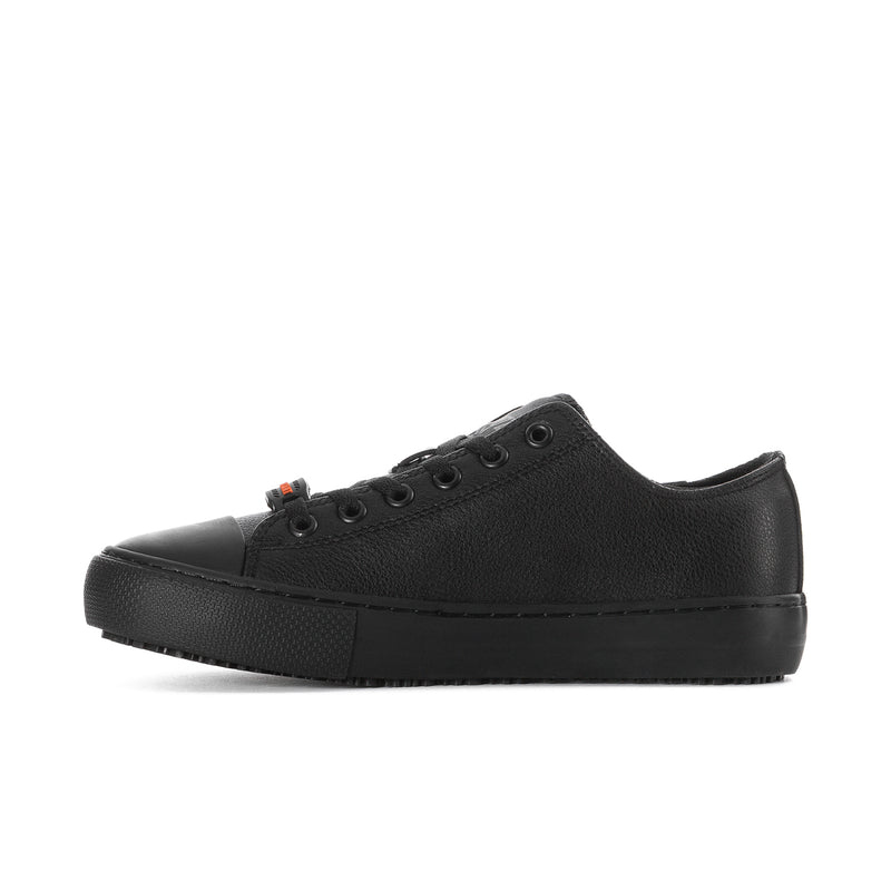 Women's black slip-resistant lace-up sneakers, side profile with Lugz logo
