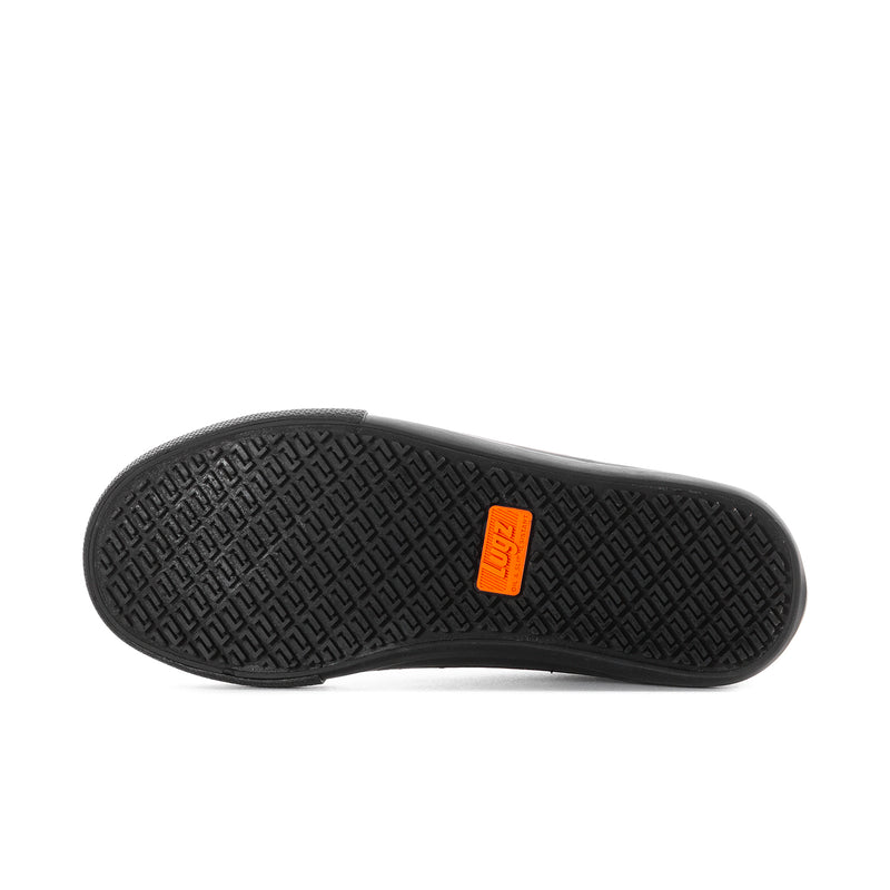 Women's black sneakers outsole with textured tread and orange brand tag