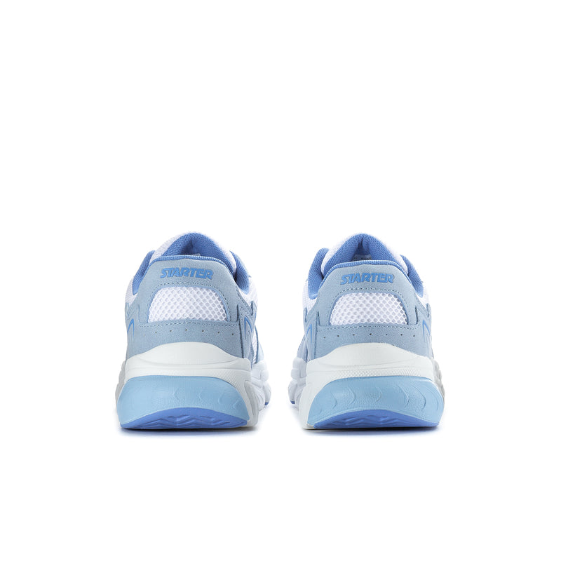 Women's light blue sneakers, heel view showing padded collar and blue outsole