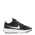 Kids black mesh sneaker with Velcro strap, white Swoosh, and cushioned white sole