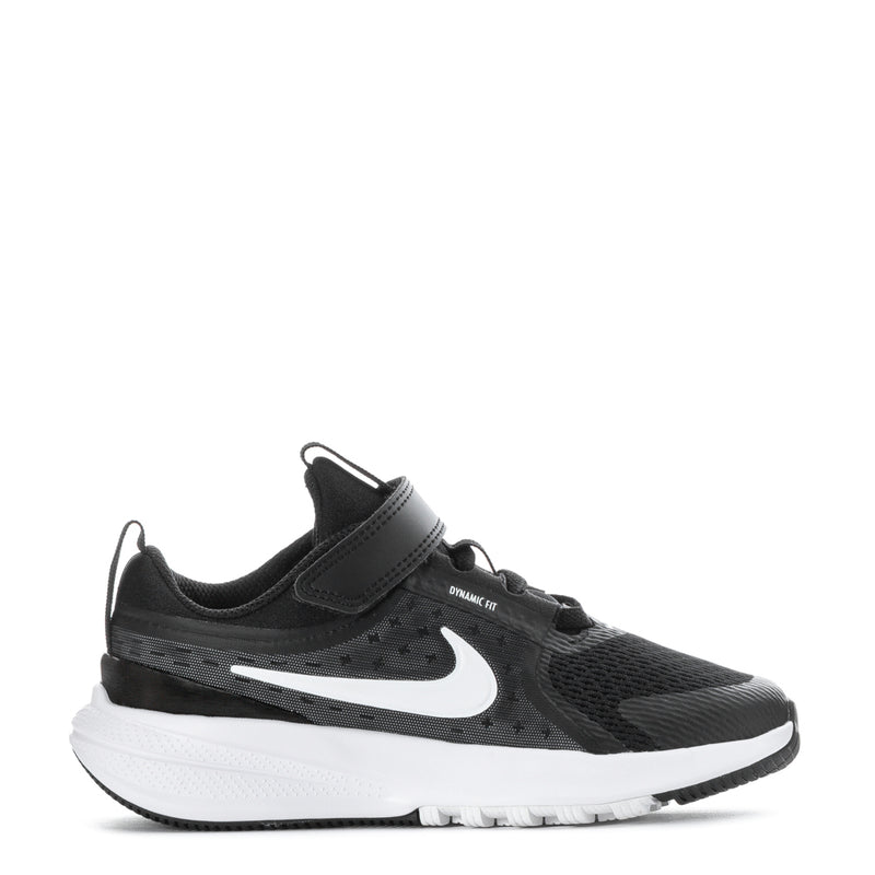 Kids black mesh sneaker with Velcro strap, white Swoosh, and cushioned white sole