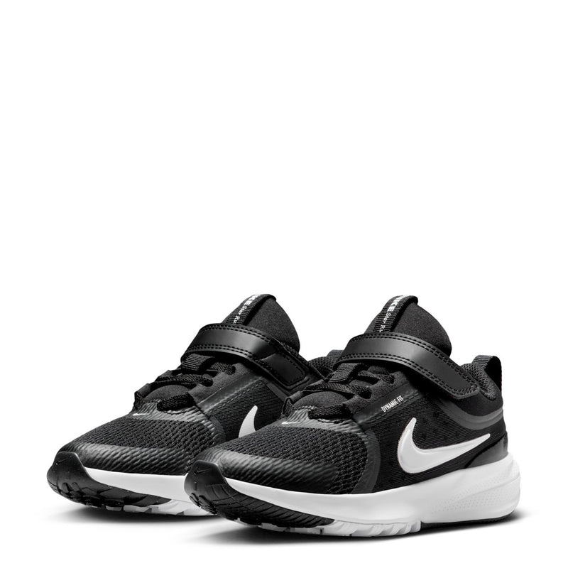 Kids black sneaker pair with white Swoosh accents and hook-and-loop straps