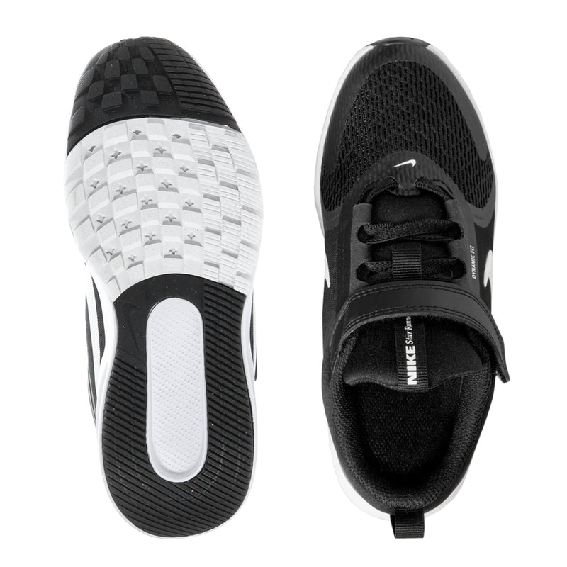 Kids black and white sneaker outsoles view with tread and mesh upper