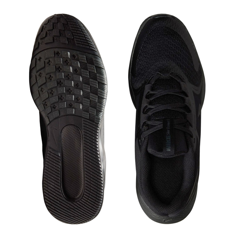 Youth running shoe pair showing treaded outsole and dark fabric upper