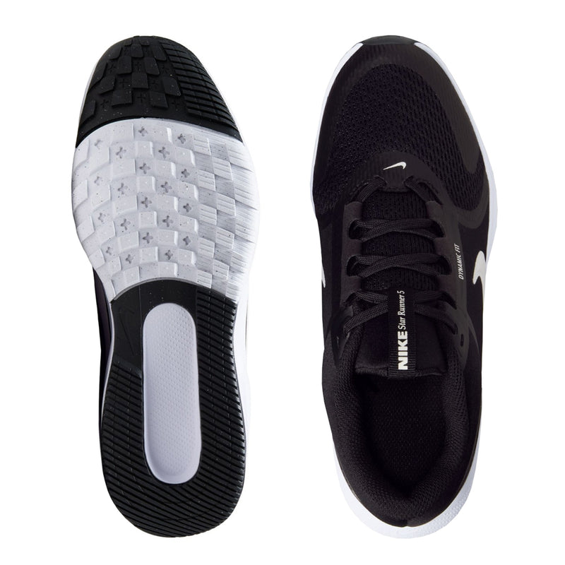 Youth sneaker outsole and inside view, black tread with white midsole