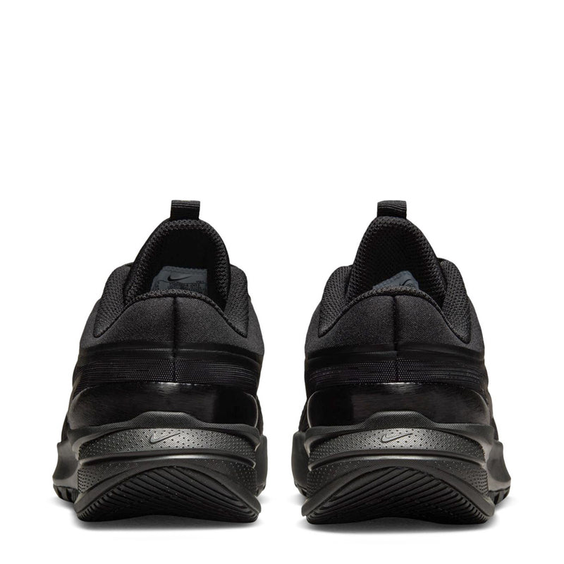 Youth black running shoes rear view, showing heel panel and layered midsole