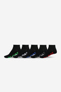 Five black stealth ankle socks lined up with colorful logo lettering along the sole