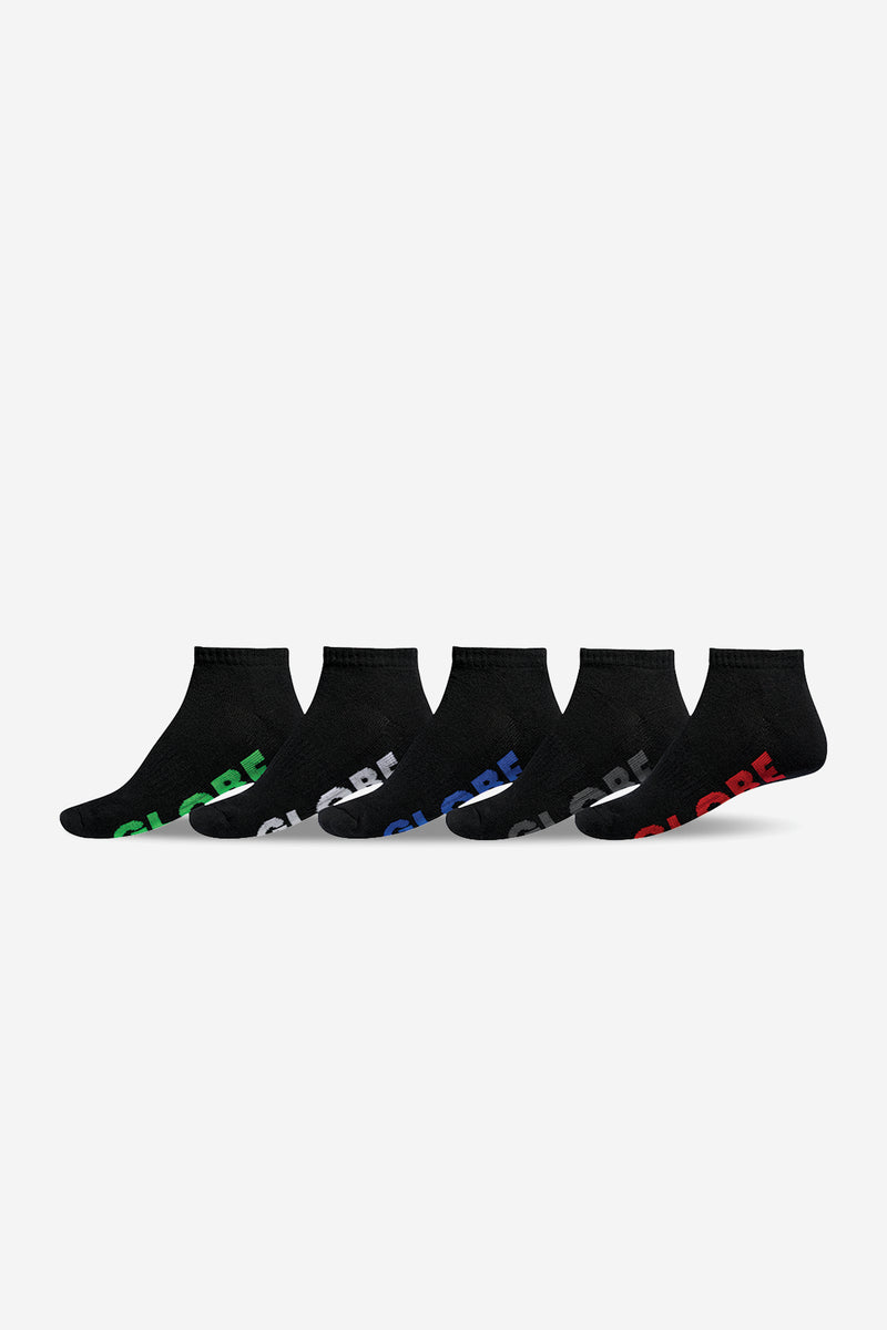 Five black stealth ankle socks lined up with colorful logo lettering along the sole