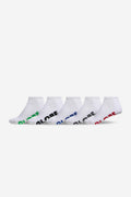 Five white stealth ankle socks in a row with colorful logo lettering along the sole