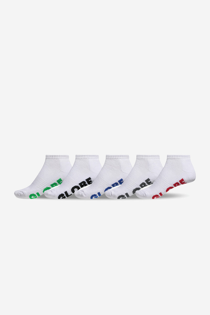 Five white stealth ankle socks in a row with colorful logo lettering along the sole