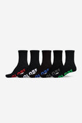 Five black stealth crew socks from the 5 pack with colorful GLOBE logos on the toe
