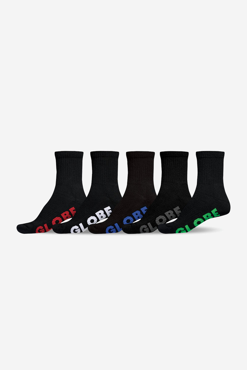 Five black stealth crew socks from the 5 pack with colorful GLOBE logos on the toe