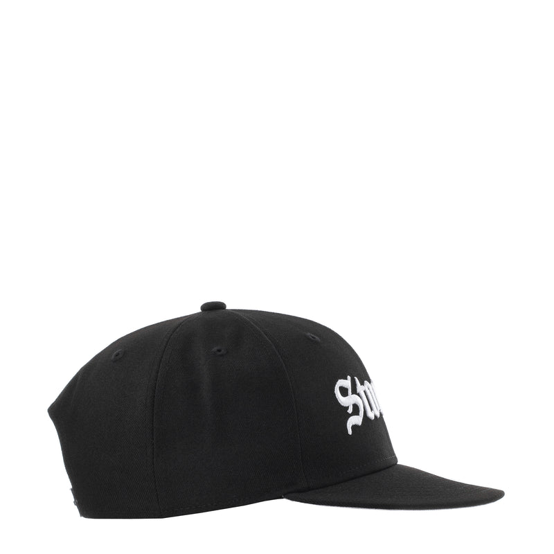 Black baseball cap with small white side logo and curved brim