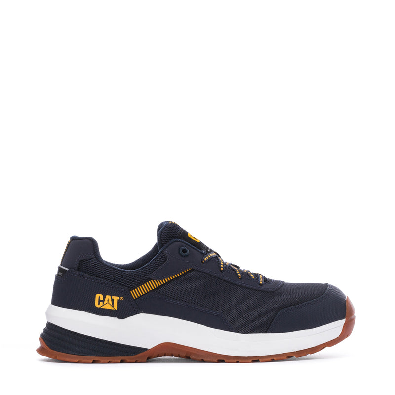 Men's CAT safety sneaker in navy with comp toe, white midsole, gum rubber outsole