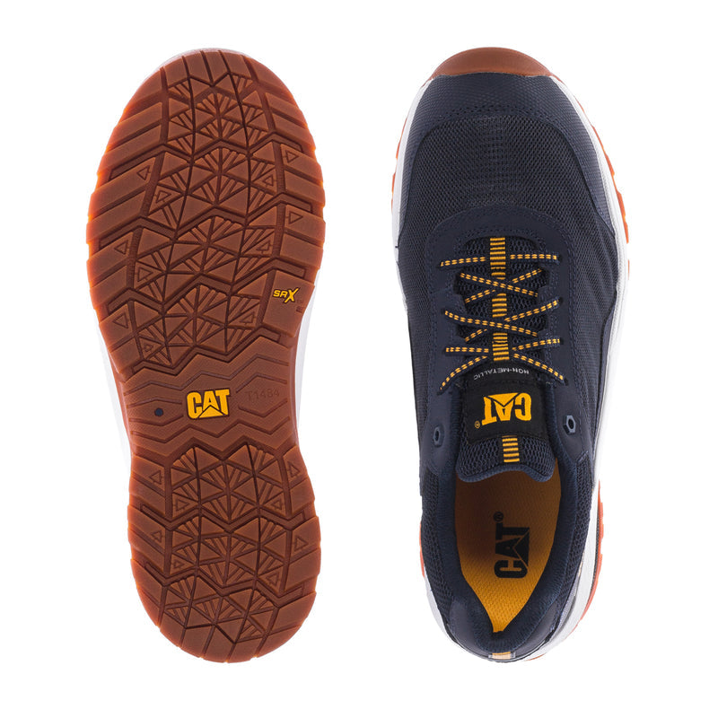 Men's CAT safety sneaker showing outsole tread, navy upper with white sole, gum outsole