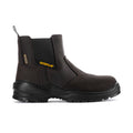Men's brown waterproof steel-toe Chelsea work boot with side elastic panels and rugged sole.