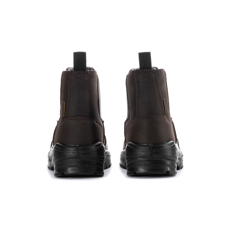 Men's brown Chelsea work boots rear view with pull loops and thick tread outsole.