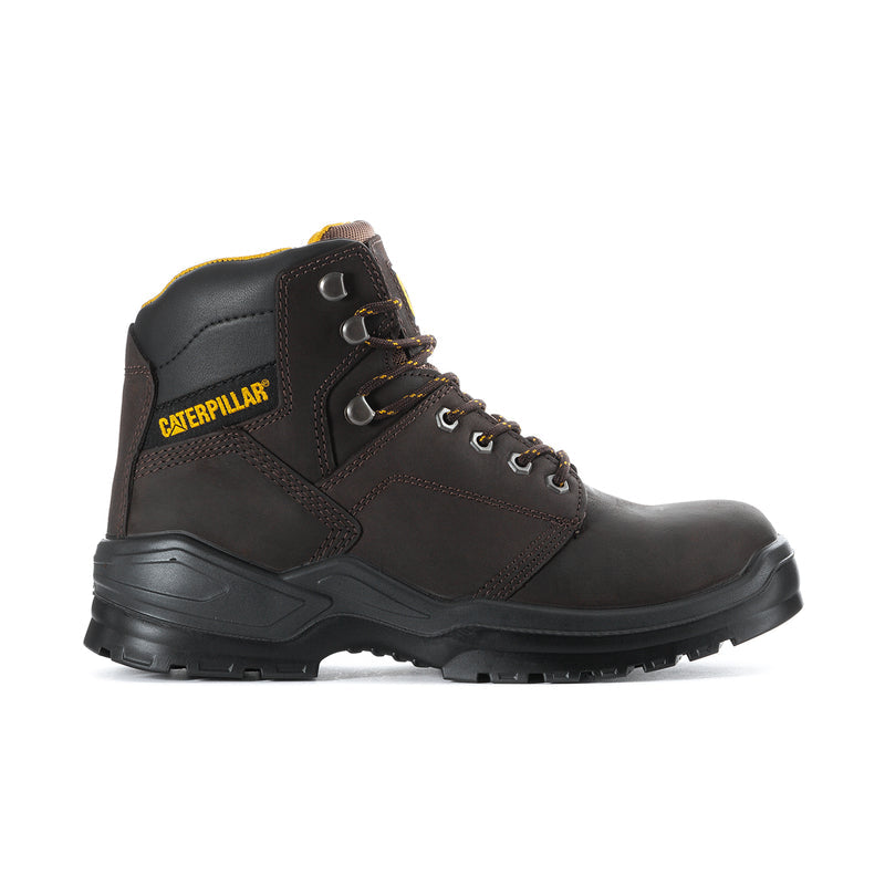 Dark brown steel toe work boot, side view, lace-up with padded collar and logo patch