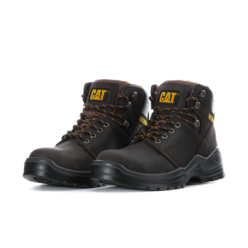 Dark brown steel toe work boots, front view, lace-up with CAT badge and rugged sole