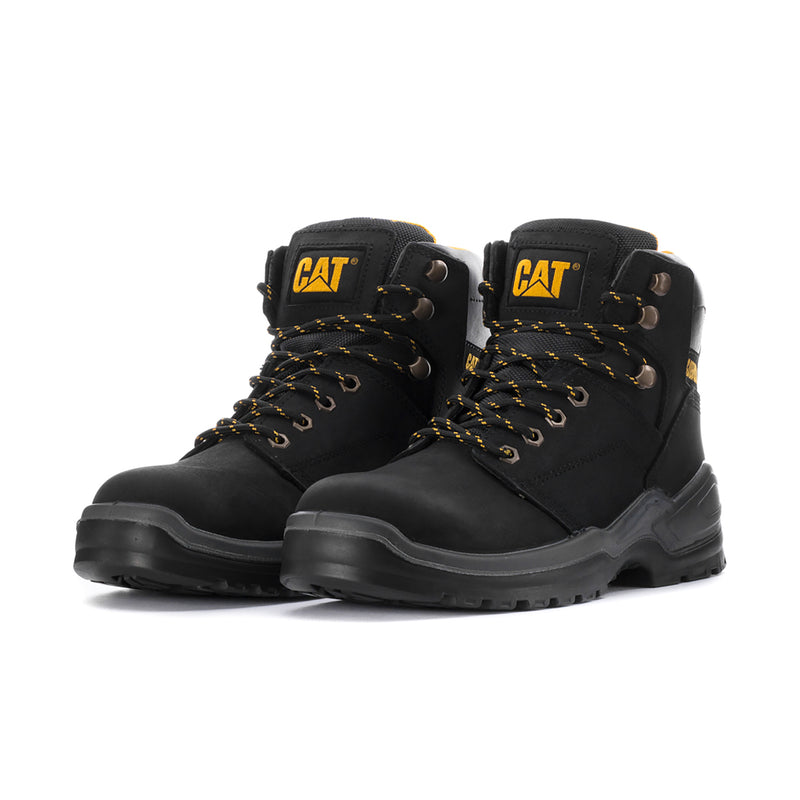 Men's black lace-up work boots, pair view, CAT logos, chunky tread sole