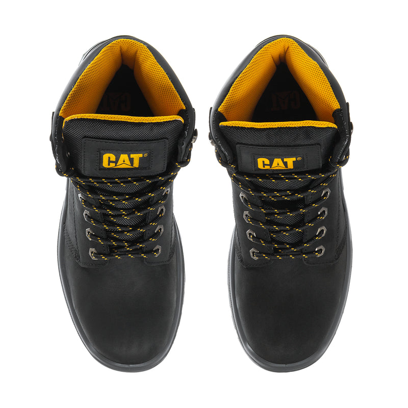 Men's black work boot tongue and collar with yellow lining, CAT emblem, lace-up
