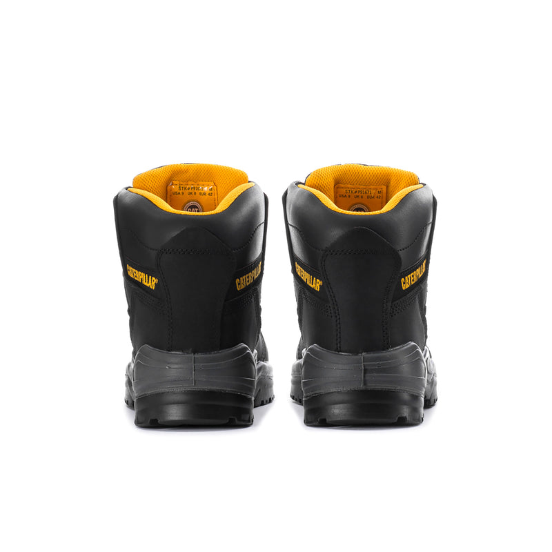Men's black work boots, heel and rear view with yellow lining and CAT logos